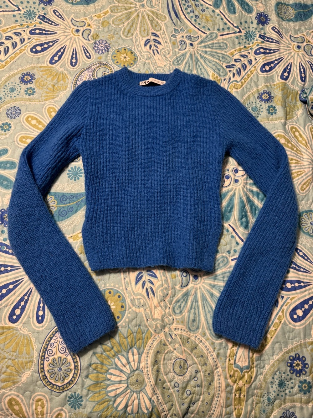 Zara Royal Blue Ribbed Crewneck Sweater